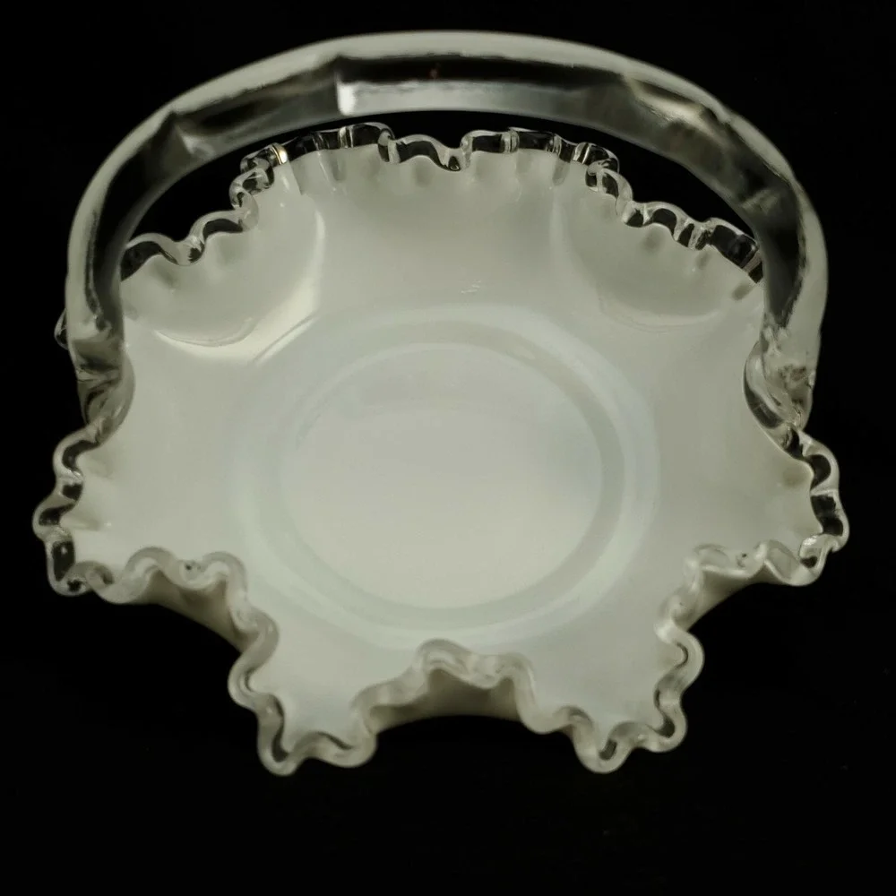 Fenton Silver Crest Brides Basket Ruffled Milk Glass Clear Glass Handle 8